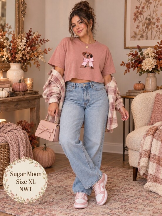 Sugar moon Tops - Sugar Moon NWT Dog Graphic Crop Tee Dusty Rose Pink Bow | Size XL